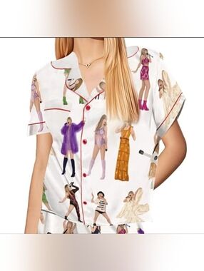 Sheshow Pajama Top Size L White Taylor Swift Print Buttondown Collar Cozy Sleep